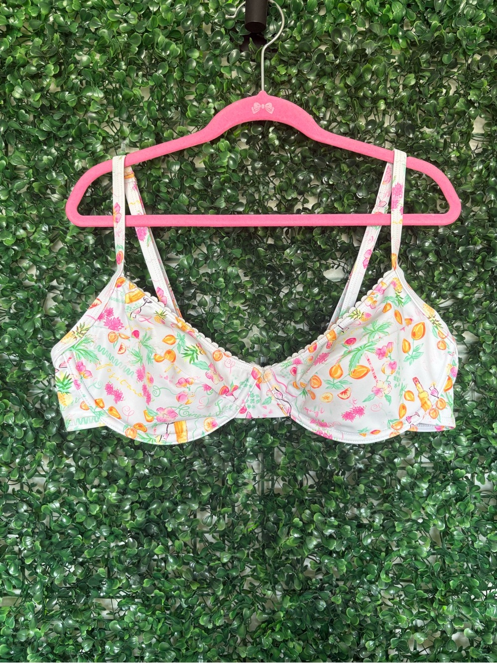 Kulani Kinis White Cocktail Bikini Top with Pink & Orange Floral Print